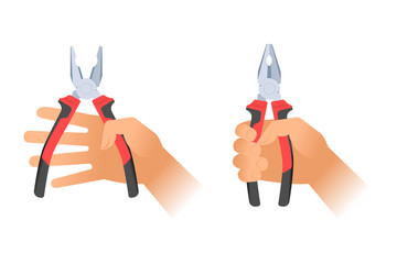 Human hands holding two pairs of pliers. Builder, construction and repair hand tools with plastic handles. Flat illustration of combination pliers. Vector design elements isolated on white background.