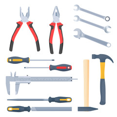 Builder, repair and construction hand tool set. Flat illustration of pliers, adjustable spanner, wrench, rasp, screwdrivers, hammers with wooden and plastic handles, caliper. Vector isolated elements.