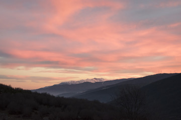 Dramatic Mountain sunset in orange colors. Greece, Seli