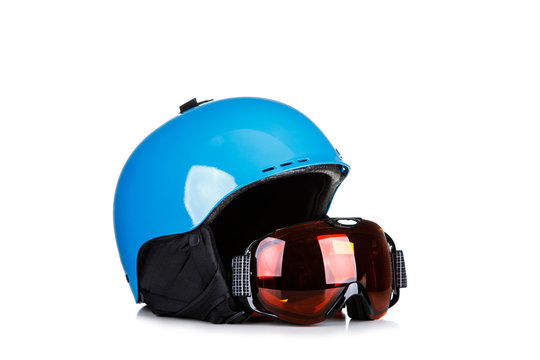 Blue Ski helmet and ski goggles isolated on white background