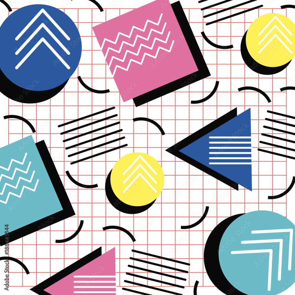 Poster memphis style pattern triangle circle and square grid design vector illustration