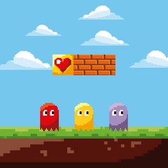 pixel game ghosts life prize and landscape brick wall vector illustration - obrazy, fototapety, plakaty
