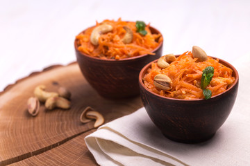 Indian carrot Gajar halwa. Copyspace, horizontal view.