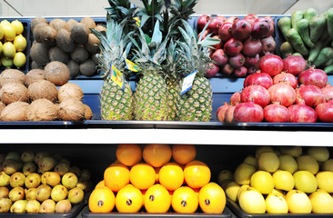 Shelf with fruits in a supermarket