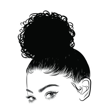 Hand-drawn black woman with curly luxurious hair.Girl with perfectly shaped eyebrows and full lashes. Idea for business visit card, typography vector.Perfect salon look.