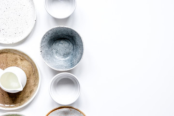 ceramic tableware top view on white background mock up