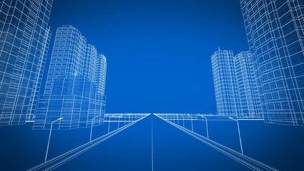 Moving Through the Growing Modern City Digital 3d Blueprint. Construction and Technology Concept. Blue color 3d animation. 4k UHD 3840x2160. - Powered by Adobe