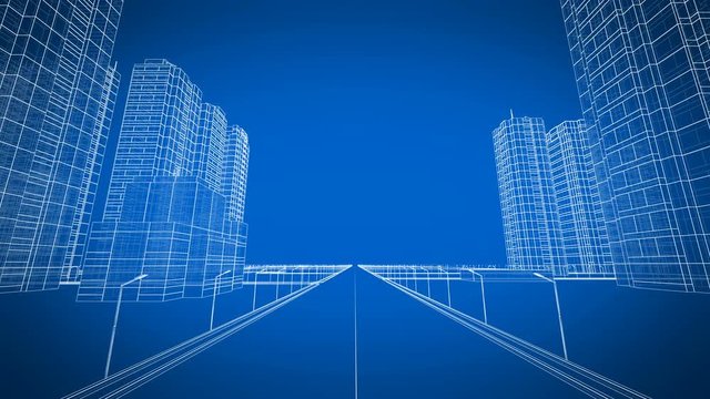 Moving Through the Growing Modern City Digital 3d Blueprint. Construction and Technology Concept. Blue color 3d animation. 4k UHD 3840x2160.