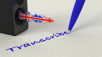 Loudspeaker standing on paper with a uk textured soundwave and the word transcribe