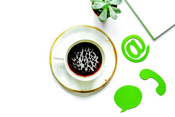contact us for company feed back on white background top view mo