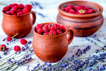 raspberry composition in pottery with dry lavender rustic backgr