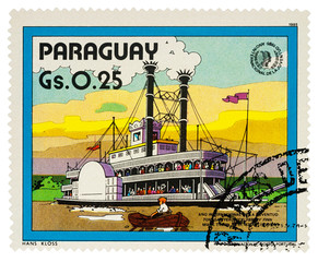 Old Mississippi steamboat on postage stamp
