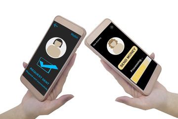 Hand holding smart phone with blank screen on white background, Financial technology concept and...