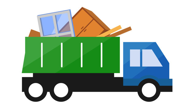 Vector illustration of Garbage Truck. Isolated lorry with big trash on white background.