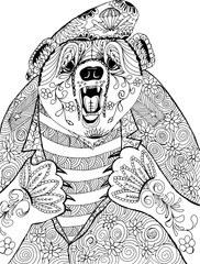 Bear tears on the chest of the uniforms. Freehand sketch drawing for adult antistress coloring book