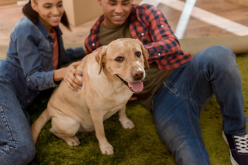 happy african american couple with labrador dog moving to new home