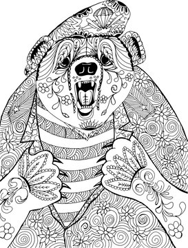 Bear tears on the chest of the uniforms. Freehand sketch drawing for adult antistress coloring book