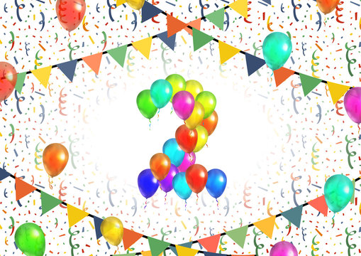 Number two made up from bright colorful balloons on white background with confetti