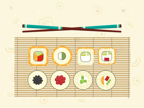 various sushi and chopsticks Japanese food
