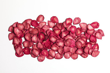 Red rose petals on a plain white background. Romantic valentines day background