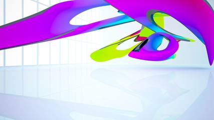 Abstract white and colored gradient smooth interior with window. 3D illustration and rendering.