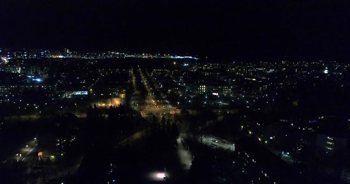 Cityscape night, Cinema 4k aerial view of the city, on a winter night, in Lauttasaari, Uusimaa, Finland