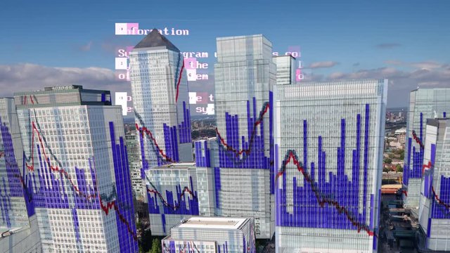 london docklands timelapse with stocks and shares financial information and graphs mapped onto each building face
