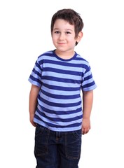 Fototapeta premium Cute happy boy smiling, isolated on white. Emotions, feelings, states of mind, childhood concept