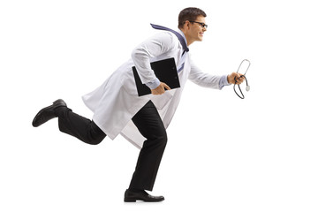 Doctor with a clipboard and a stethoscope running