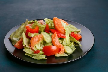 Delicious fresh vegetable salad with salmon on black plate, healthy food close up