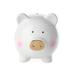 Cute piggy bank on white background