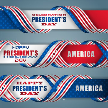 Set of web banners, background with texts and national flag colors for American President's Day, event celebration; Vector illustration