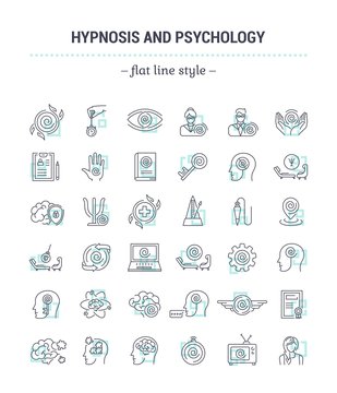 Vector graphic set.Icons in flat, contour,thin, minimal and linear design.Hypnosis, psychology. Science of mind control.Simple isolated icons.Concept illustration for Web site app.Sign,symbol,element.