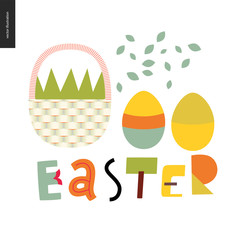 Easter basket and lettering with eggs and petals