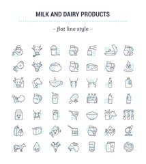 Obraz na płótnie Canvas Vector graphic set. Icons in flat, contour,thin, minimal and linear design. Natural dairy production. Healthy nutrition. Simple isolated icons. Concept illustration for Web site app. Sign, element.