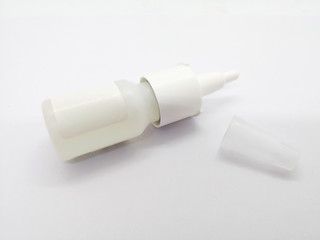 Medication concept. Xylometazoline used to relief of symptoms of nasal congestion caused by seasonal allergies. Isolated on white background and copy space.