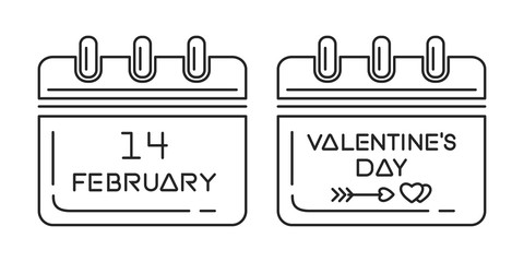 Valentines Day calendar set. Line icons calendar for Valentine's Day. Vector illustration