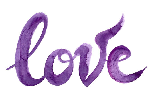 Hand written word "love" painted in purple watercolor on clean white background