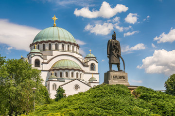 Fototapeta na wymiar Belgrade, Serbia May 18, 2016: Church of Saint Sava and Monument to Karadjordje