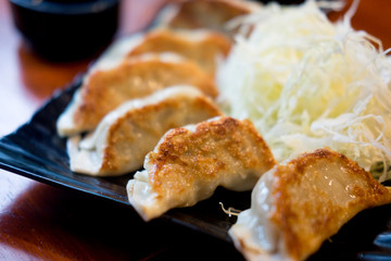 Close up of Gyoza eaten with soy sauce