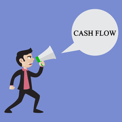 A young businessman screams into the loudspeaker. Business illustration with the inscription:cash flow