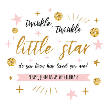 Twinkle twinkle little star text with gold polka dot and pink star for girl baby shower card invitation template