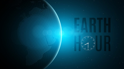 Earth Hour. Cosmic concept. Futuristic planet earth in space. 60 minutes without electricity. Sunrise with a blue glow. Global holiday. Abstract world map. Space and stars. Vector