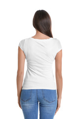 Young woman in t-shirt on white background. Mockup for design