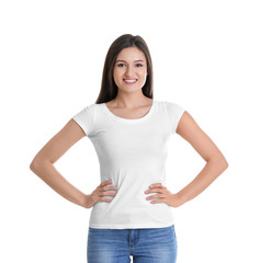 Obraz premium Young woman in t-shirt on white background. Mockup for design