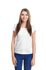 Young woman in t-shirt on white background. Mockup for design