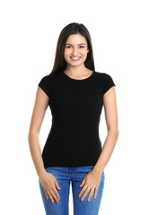 Young woman in black t-shirt on white background. Mockup for design