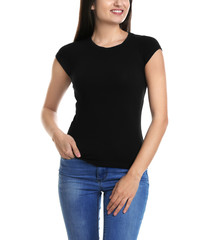 Obraz premium Young woman in black t-shirt on white background. Mockup for design