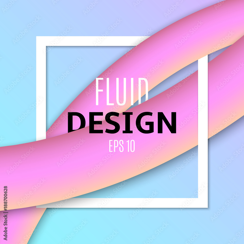 Poster fluid design. abstract purple orange fluid lines in 3d style. white frame banner for text. blue back