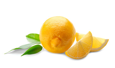 Fresh ripe lemon with leaves on white background